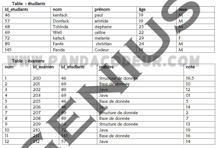 Sql etudiant examen pandacodeur