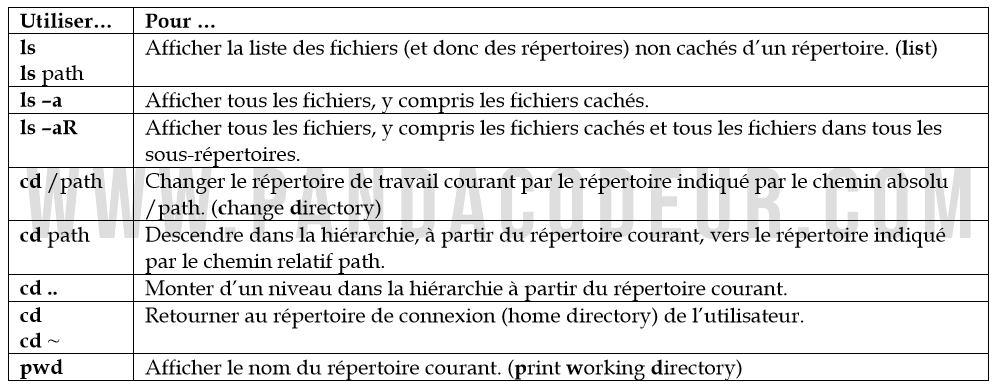 Tableau commande ls cd pwd